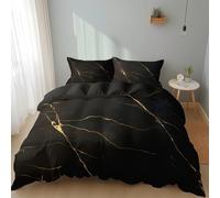 Texture Marbre Doré Parure de Lit 180x200 cm Housse de Couette Imprimée Noir en Microfibre pour Adultes et Enfants Décor de Chambre, Parure de Lit 2 Personnes avec 2 Taies d'oreiller
