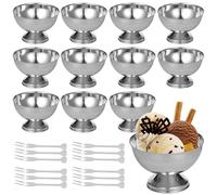 Texvora Coupes à glace en acier inoxydable, lot de 12, 200 ml/6,8 oz, avec fourchettes, réutilisables pour salade et dessert, coupelles décoratives pour sauces et dégustation, maison, fêtes