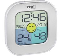 TFA Dostmann Thermomètre-hygromètre numérique Fun, 30.5050.54, avec horloge radio avec date, indicateur de zone de confort Smiley pour contrôle de la température ambiante, argente