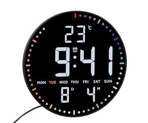 TFA Dostmann Horloge Murale numérique LED, 60.4002, avec la température, la Date et Jour de la Semaine, Affichage Calendrier, Format 12/24 h, 3 Niveaux de luminosité, Chiffres Blancs, Noir