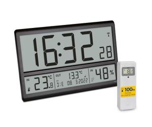 TFA Dostmann Horloge numérique XL, 60.4523.01, Jour de la Semaine en français, température ext./int., Grandes pendules murales digitales radioc-pilotée avec fuseaux horaires, Noire