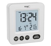 TFA Dostmann Mini 60.2567 Réveil numérique radio-piloté à piles, température intérieure, réglage du fuseau horaire, durée de snooze individuelle, jour de la semaine (blanc)