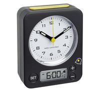 TFA Dostmann Réveil Combo, 60.1511.01.07, Horloge Radio-pilotée analogique avec fuseaux, Heure de réveil-numérique, particulièrement réveille-Matin Silencieux, rétroéclairage, Noir-Jaune