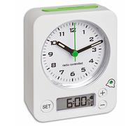 TFA Dostmann Réveil Combo, 60.1511.02.04, Horloge Radio-pilotée analogique avec fuseaux, Heure de réveil-numérique, particulièrement réveille-Matin Silencieux, rétroéclairage, Blanc-Vert