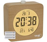TFA Dostmann Réveil numérique en bois avec affichage de la température intérieure, 60.2049, en bois de hêtre, rétroéclairage, écran LCD, fonctionnement à piles, affichage de la date (marron avec piles