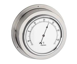 TFA Dostmann Thermomètre analogique marin en acier inoxydable argenté, montage mural, 1°C, 140 x 140 x 56 mm, sans piles, compatible avec les instruments météo maritimes, 19.2025.54