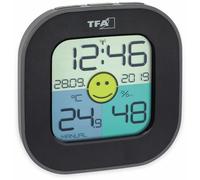 TFA Dostmann Thermomètre-hygromètre numérique Fun, 30.5050.01, avec horloge radio avec date, indicateur de zone de confort Smiley pour contrôle de la température ambiante, noir