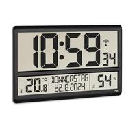 TFA Dostmann XL Horloge numérique, 60.4520.01, avec température et humidité, Jour de la Semaine également en français (8 Langues), Horloge radiopilotée, Bien lisible, Grande, Noire