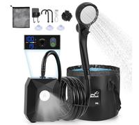 Thalyrnn Douche de Camping Portable - 6000mAh Pompe de Douche D'extérieur avec 4 D'éclairage, IPX8, 5 Jets - Kit de Pompe Rechargeable avec Seau Pliable de 20 L pour Plage, Rando, Animaux et Voiture