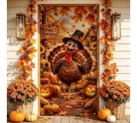 Thanksgiving Turquie Automne Harvest Decor Housses de porte 91,4 x 182,9 cm | Illustration fantaisiste de la Turquie, panneau de porte d'entrée, feuillage d'automne rustique, décoration de citrouilles
