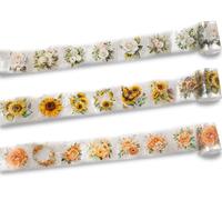 Thapncow 3 Pièces Washi Tape PET, Lot d'autocollants de Fleurs, Stickers Scrapbooking Imperméable, pour Scrapbooking, Arts, Bullet Journal, Cahier, Ruban Adhésif Décoratif Fleuri