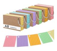 Thboxes 1200 Fiches Bristol A8 Lignées, 7,4 x 5,2 cm, 6 Couleurs | Flash Cards 150 g/m² avec Couverture Kraft Anneaux de Reliure Cartes de Révision Perforée pour Vocabulaire Notes Étude Bureau