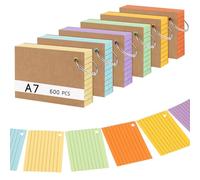 Thboxes 600 Fiches Bristol A7 Lignées, 10,5 x 7,4 cm, Multicolores | Flash Cards 150 g/m² avec Couverture Kraft Anneaux de Reliure Cartes de Révision Perforée pour Vocabulaire Notes Étude Bureau