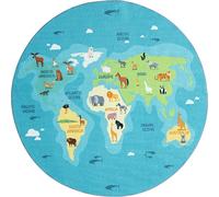 the carpet Happy Life Tapis de Jeu, Lavable, pour la Chambre, Convient aux Enfants, au Motif de la Carte du Monde de la Terre et des Animaux, Bleu, 160 x 160 cm