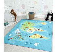 the carpet Happy Life Tapis de Jeu, Lavable, pour la Chambre, Convient aux Enfants, au Motif de la Carte du Monde de la Terre et des Animaux, Bleu, 160 x 220 cm
