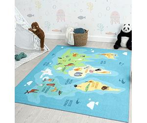 the carpet Happy Life Tapis de Jeu, Lavable, pour la Chambre, Convient aux Enfants, au Motif de la Carte du Monde de la Terre et des Animaux, Bleu, 200 x 290 cm