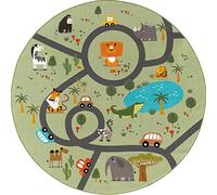 the carpet Happy Life Tapis de Jeu, Lavable, pour la Chambre d'enfants, Motifs : Rue, Route, Jungle, Animaux et Voitures, Vert, 200 cm, Rond