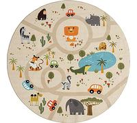 the carpet Happy Life Tapis de Jeu, pour la Chambre, Convient aux Enfants, avec Motif de la Rue, de la Route, de la Jungle, des Animaux et des Voitures, Rond, Beige, 200 x 200 cm