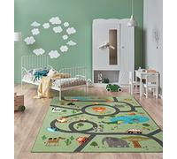 the carpet Happy Life Tapis de Jeu, pour la Chambre d’Enfants, Motifs : Rue, Route, Jungle, Animaux et Voitures, Vert, 120 x 160 cm