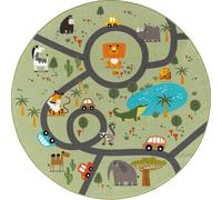 the carpet Happy Life Tapis de Jeu, pour la Chambre d’Enfants, Motifs : Rue, Route, Jungle, Animaux et Voitures, Vert, Rond, 160 x 160 cm