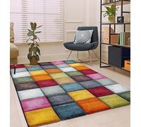 the carpet Monde Deluxe Tapis de Salon à Poils Courts, coloré, Bleu, Rouge, Marron, Vert, Gris, Motif carré 80 x 150 cm