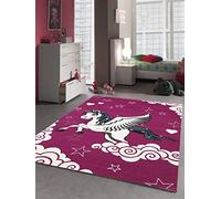 the carpet Monde Kids - Tapis Moderne Doux pour Enfant - Facile d'entretien - Couleurs Vives - Licorne - Fuchsia - Violet - 120 x 170 cm