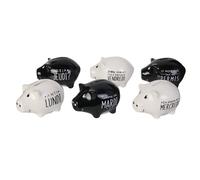THE CONCEPT FACTORY - TI3080 Set de 6 Mini Tirelires Cochon Semainier - Conçu pour Économie Quotidienne - Design avec Message pour Chaque Jour - Couleur Blanche et Noire