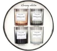 HOME DECO FACTORY - BO5458 Coffret de 4 Bougies Parfumées Harmony, Parfums Camélia, Ambre, Linge Frais, Orchidée, 7h de Combustion, 5.9 cm, Couleurs Noir, Blanc, Gris, Orange