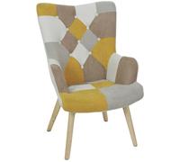 Home Deco Factory Fauteuil Helsinki tissu patchwork pieds en bois brut Jaune