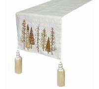 The HomeCentric Décoratif Or Chemin de table, 40 x 270 cm Soie Chemin de table, Broderie Zari, Arbre de Noël La nappe, Moderne Cadeaux de vacances, hébergement de Noël - Gold Splendor Pine