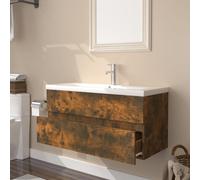 The Living Store Armoire lavabo avec vasque encastrée Chêne fumé Bois composite