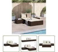 The Living Store Bain de soleil double avec coussins Marron Poly Rattan