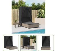 The Living Store Bain de soleil double avec toit et rideaux Gris Poly Rattan