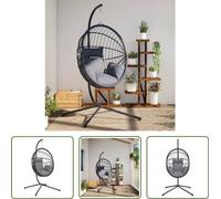 The Living Store Fauteuil suspendu design oeuf avec support Gris Rotin et acier
