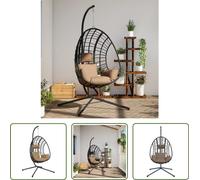 The Living Store Fauteuil suspendu design oeuf avec support Taupe rotin et acier