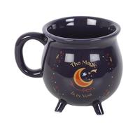 The Magic Is in You Tasse chaudron en céramique bleu nuit avec étoiles dorées et croissant de lune, design magique pour les amateurs de thé et de café, passe au micro-ondes, idéal pour les amateurs de