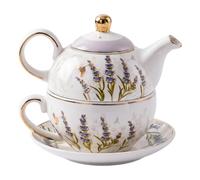 Thé pour un ensemble, thé 1 pièce pour un ensemble, théière avec tasse et soucoupe, Design élégant lavande-oiseau-vélo, blanc
