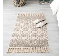The Seeker Tapis lavable beige, petits tapis pour salon à faible hauteur, tapis en coton tissé à la main avec pompons pour chambre, cuisine, bureau, pièce intérieure 60 x 90 cm