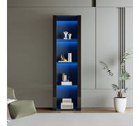 TheEshow Armoire vitrine Noire laquée Brillante | Éclairage LED, 3 étagères en verre, 55 x 38 x 166 cm, Armoire sur pied