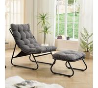 TheEshow Chaise Longue extérieure avec Pouf, Cadre Noir, Coussin Gris | Assise toile, Dossier inclinable, Salon, Chambre