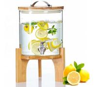 THEGA Fontaine À Boissons en Verre - Verre Borosilicate Résistant À La Chaleur, Robinet en Acier Inoxydable, Support en Bois, Capacité De 1,5 L À 5 L, Idéale pour Les Fêtes Et Les Événements