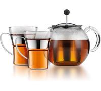 Théière à Piston BODUM ASSAM SET, 1.0 l, Couvercle et Filtre Inox, 2 Tasses Verre Anse Inox 0.35 l