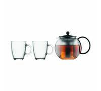 Théière à piston couvercle et anse en plastique, filtre inox 1.0 l, avec 2 mugs en verre 0.35 l, N/C