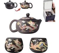 Théière artisanale en céramique bleue aux couleurs changeantes – Ensemble à thé Zisha – Théière Kungfu, un cadeau idéal pour les amateurs de thé (noir, 1 théière + 2 tasses)