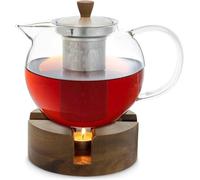 Théière en céramique avec couvercle en verre et socle en bois - 1,3 l