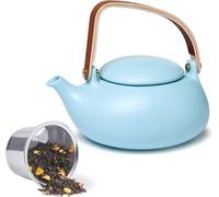Théière en céramique bleue de 800 ml avec poignée en bois et filtre
