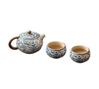 ThéIèRe En CéRamique Théière en céramique Ru Kiln bleu et blanc, infuseur, style rétro, fait main, service à thé Kung Fu(B 1 pot 2 cups)