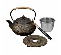 Théière en Fonte Japonaise 900 ml avec Motif Pivoine Dorée, Tetsubin Traditionnel Émaillé avec Infuseur Inox, Poignée en Corde et Dessous-de-Plat, Théière Artisanale Idéale, Coffret Cadeau