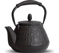 Théière en fonte motif fleurs de cerisier 950ml Noir Émaillé Poignée en silicone
