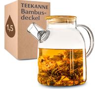 Théière en verre 1,5 litre avec couvercle en bambou - Filtre dans le bec verseur - Pour boissons chaudes et froides - Résistant au lave-vaisselle